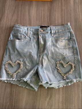 Lipstick Boutique Light Blue Denim Shorts with Rhinestone Heart Appliqués